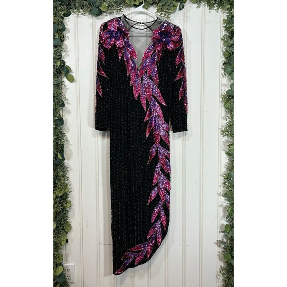 Vintage 80s Gown SMALL Black Pink Sequin Retro Beaded Formal Evening Party - Picture 1 of 13